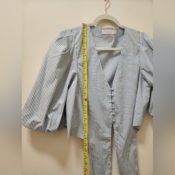 Jonathan Simkhai Ellen Blue White Stripe Cotton Oxford BabyDoll Puff Sleeve Top - Picture 8 of 16